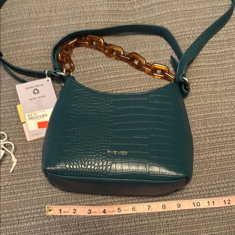 Pixie Mood Blue Croc-Embossed Shoulder Bag with brown chain link.